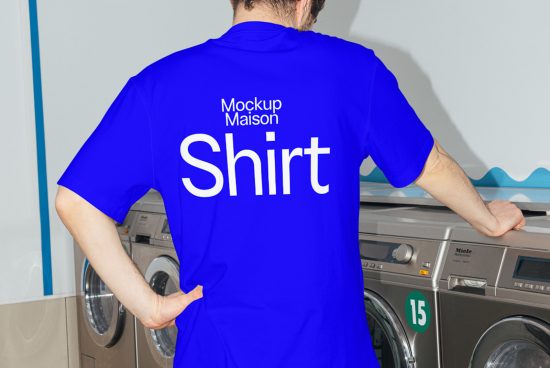 Rear view of a person wearing a vibrant blue t-shirt mockup with white font text design, laundry background, ideal for graphic apparel presentations.