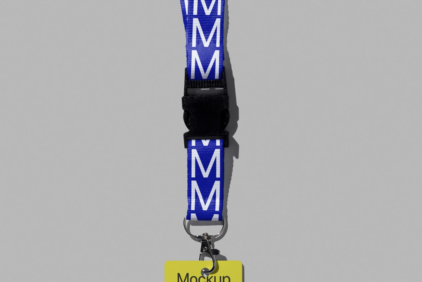 Lanyard mockup with blue strap, detachable buckle, metal clip, and yellow ID tag on a gray background, ideal for branding designs.