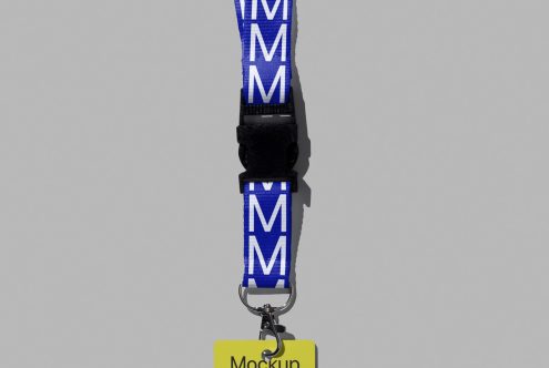 Lanyard mockup with blue strap, detachable buckle, metal clip, and yellow ID tag on a gray background, ideal for branding designs.