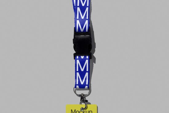 Lanyard mockup with blue strap, detachable buckle, metal clip, and yellow ID tag on a gray background, ideal for branding designs.
