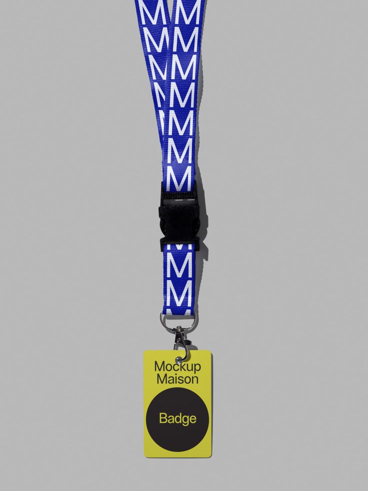 Lanyard and badge mockup design template with clipping path, editable branding for designers, presented on a plain background.