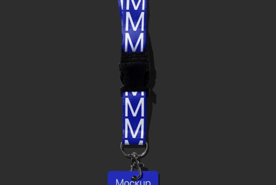 Lanyard mockup with blue strap and customizable design, ideal for branding, on dark background - suited for mockups category in design marketplace.