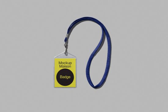 Lanyard ID badge mockup with blue strap and customizable design, isolated on a gray background, perfect for branding presentations.
