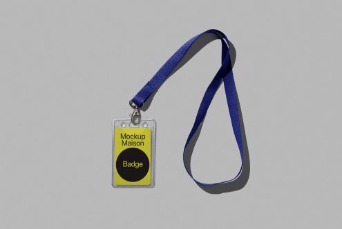 Lanyard badge mockup with blue strap and customizable ID tag design on a neutral background, perfect for template design presentations.