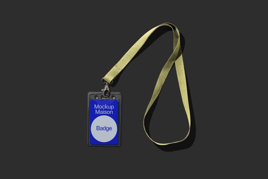 Lanyard ID badge mockup in high resolution, showing front view on a dark backdrop, editable graphic design template for branding.