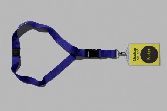 Blue lanyard with clear plastic badge holder and customizable identity card mockup on gray background for designers.