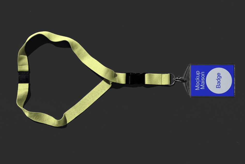 Lime green flat lanyard with blue badge mockup on dark background