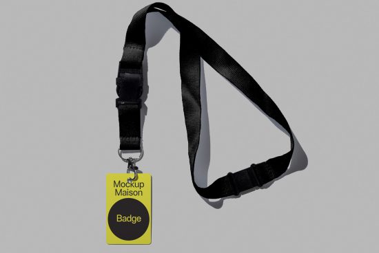 Black lanyard mockup with yellow tag, customizable design for identity branding, professional graphic asset for designers.