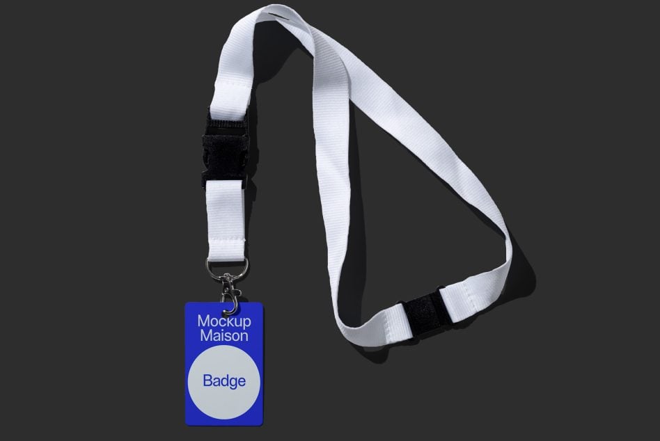 White flat lanyard with blue badge mockup on dark background