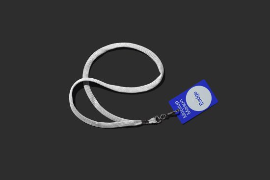 Lanyard mockup with blue ID badge on a dark background, ideal for presentation of corporate branding designs.