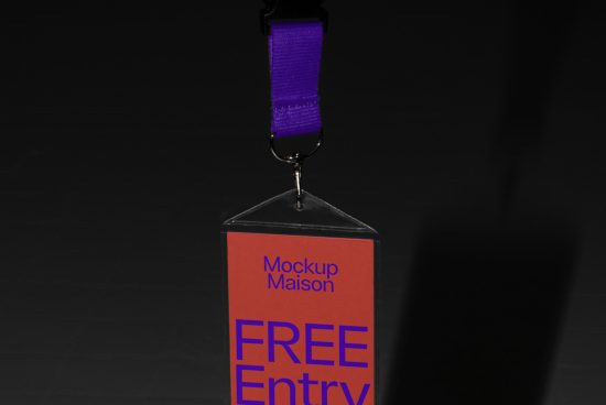 Lanyard ID badge mockup with purple strap and clear holder showcasing 'Mockup Maison Free Entry' text, ideal for event pass design presentations.