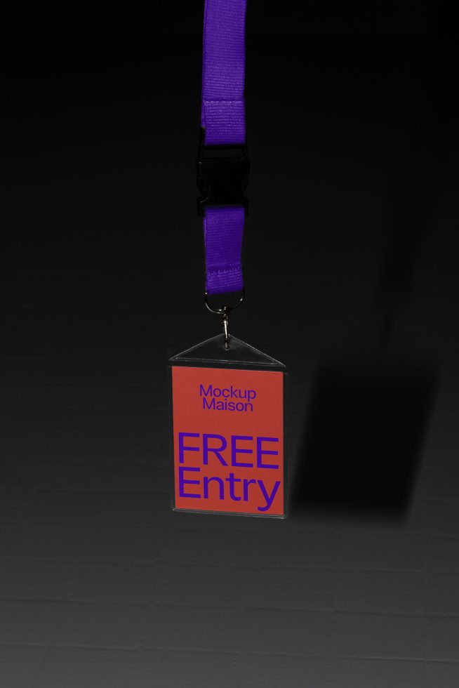 Lanyard ID badge mockup on dark background with purple strap, clear design space for branding, realistic graphics template for designers.