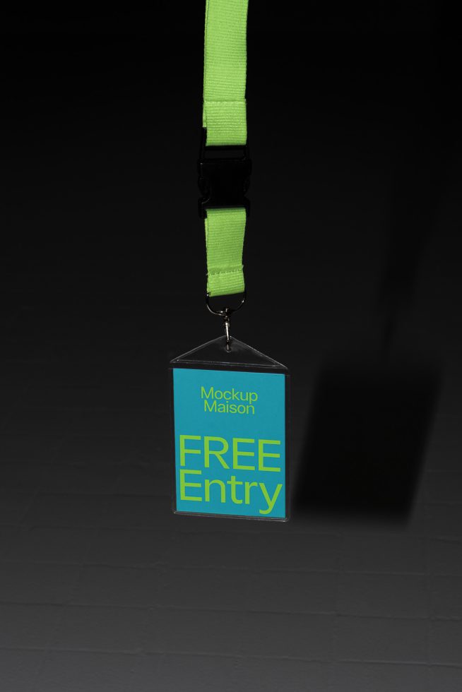 Lanyard ID badge mockup with green strap, clip, and FREE Entry card design on dark background. Ideal for designers creating event graphics.