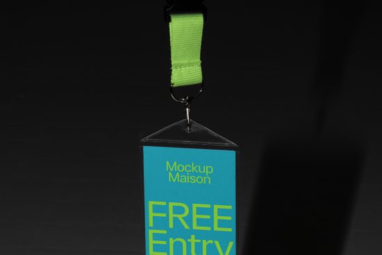 Event badge mockup featuring a blue card with green text and a green lanyard, ideal for designers looking to showcase branding identity.