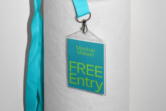 Lanyard badge mockup with blue strap, 'FREE Entry' text, and clear holder on white background, ideal for event access design presentations.