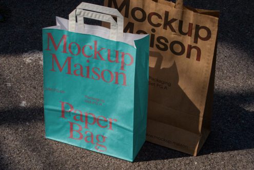 Turquoise and brown paper bag mockups with branding, realistic shadows on sunny pavement, designers packaging, editable graphics.