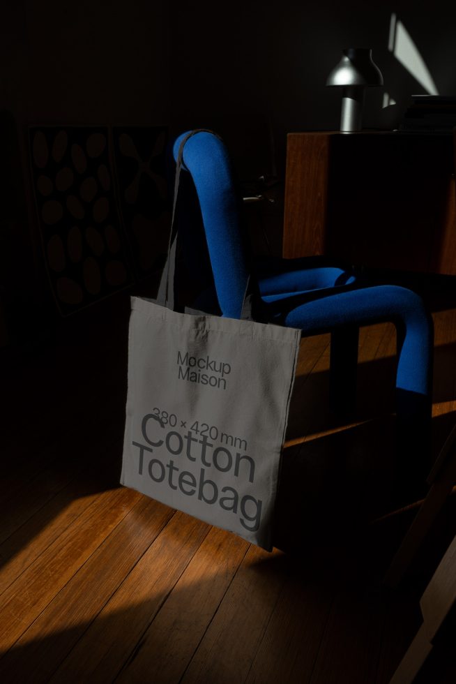 Elegant tote bag mockup in a stylish interior with natural light shadow, perfect for showcasing designs, graphic visuals, branding presentations.