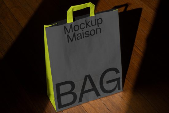 Realistic shopping bag mockup on wooden floor with dramatic lighting, perfect for presentations and branding designs.