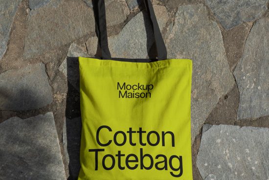 Bright yellow cotton tote bag mockup on stone background, design presentation, eco-friendly, reusable shopping bag, realistic texture, fashion accessory.