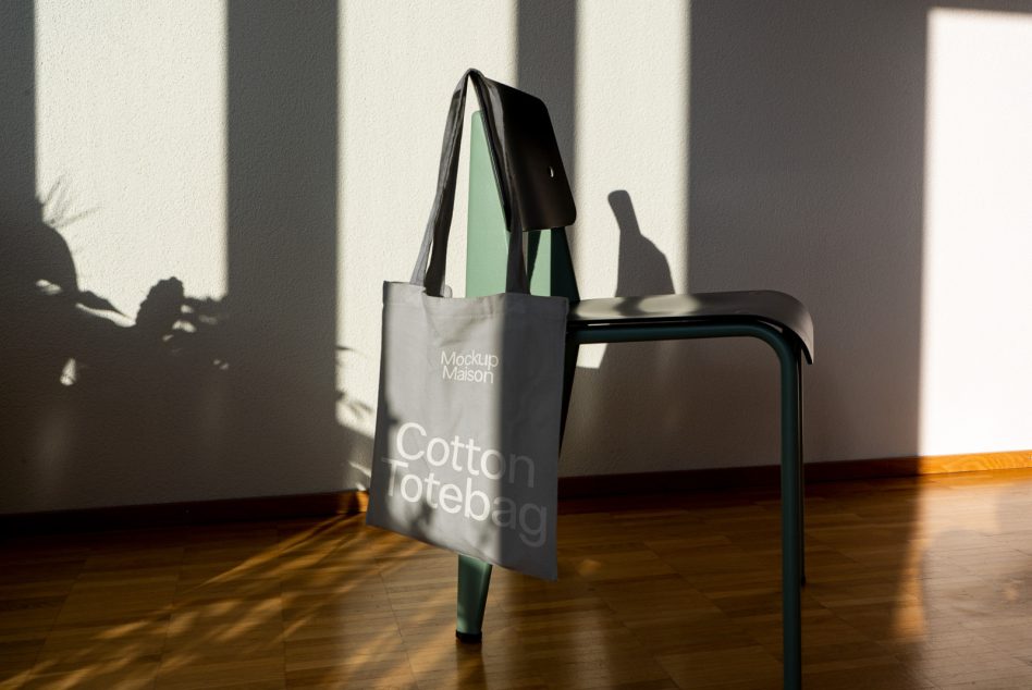 Dark gray tote bag with light text next to teal modern chair