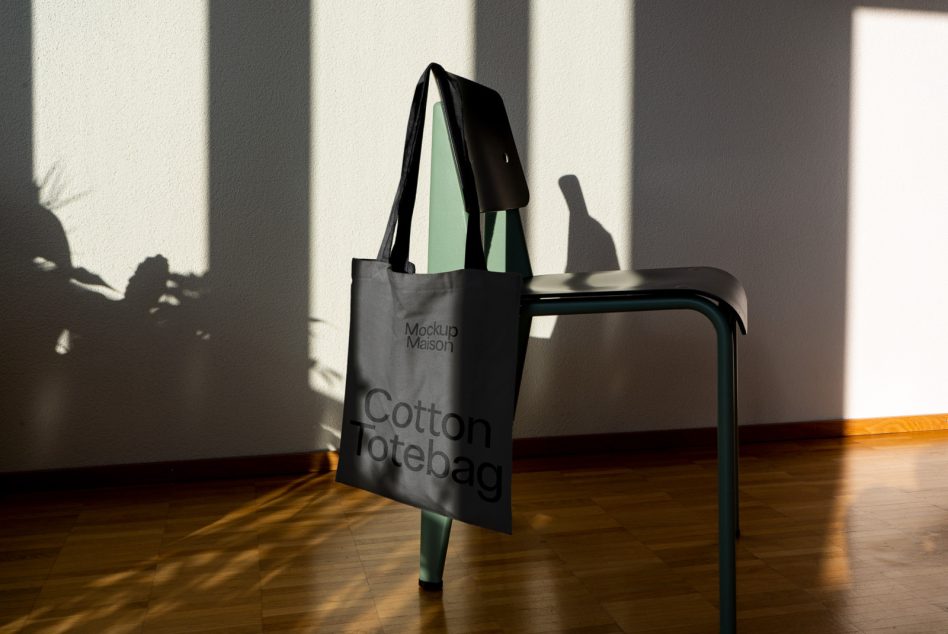 Black cotton tote with white text held up by mint green chair leg