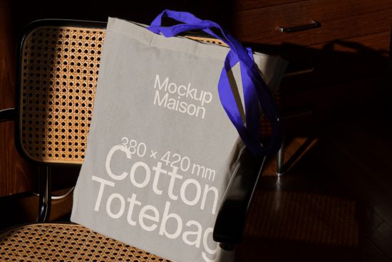 Elegant cotton tote bag mockup on wooden chair, natural light, design template, branding, packaging, photorealistic presentation.