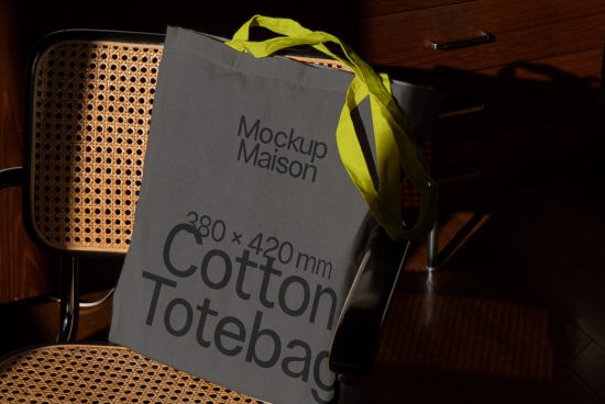 Cotton tote bag mockup resting on a modern chair with natural lighting ideal for showcasing design work and graphics for presentations.