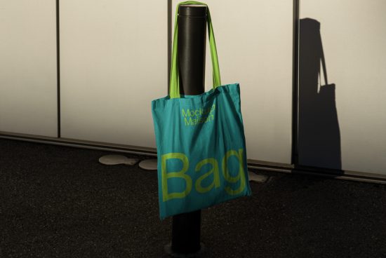 Turquoise tote bag mockup with bold yellow text hanging on a post, urban setting, design asset for branding presentation.