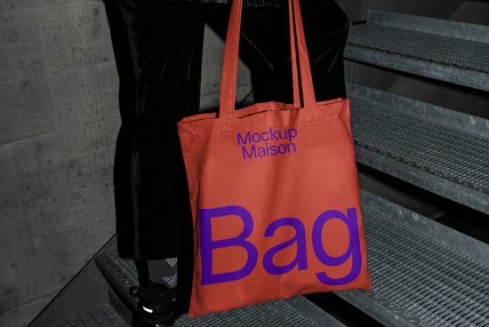 Tote bag mockup held by person in urban setting. Ideal for showcasing design, fashion, accessories. Great for mockup graphics category.