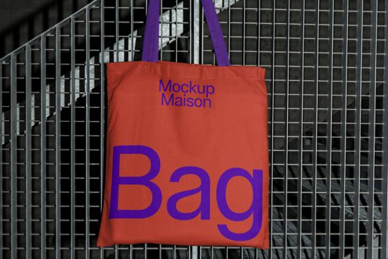Red tote bag mockup with purple handles hanging on metal grid, featuring bold typography design, ideal for showcasing branding designs.