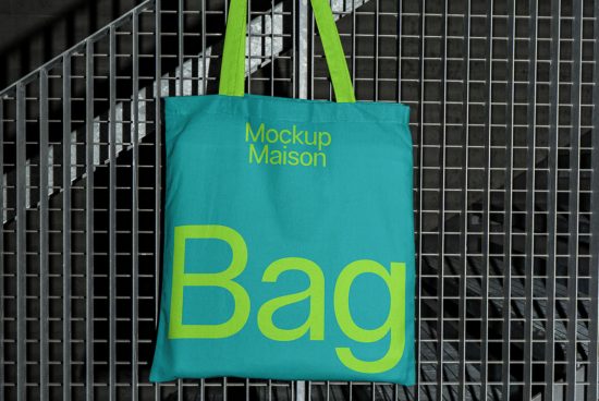 Tote bag mockup hanging on metal grid, high-quality design asset for showcasing branding, suitable for graphic designers and mockup portfolios.