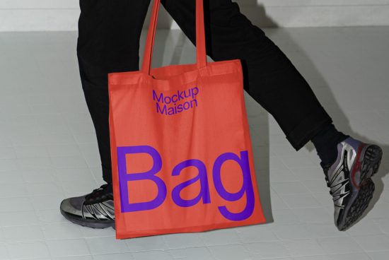Person holding a mockup tote bag with vibrant colors standing in a minimalist setting perfect for designers looking to showcase branding designs.