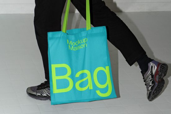 Person holding a bold cyan tote bag mockup with 'Bag' text for showcasing design projects, ideal for graphics and templates.