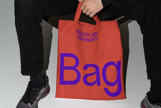 Person holding a red tote bag mockup with blue 'Bag' text design, against a white wall, perfect for graphics and branding presentations.