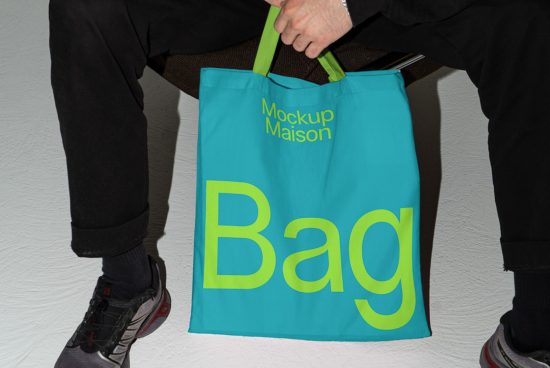 Person holding a blue tote bag with bold mockup text for graphic design, showcasing modern font style, ideal asset for designers creating mockups.
