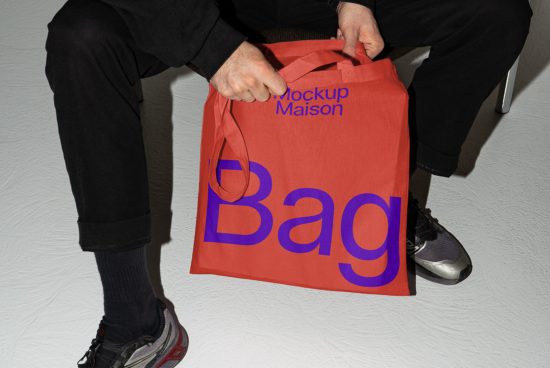 Person holding customizable red tote bag mockup with modern font, ideal for presentations, branding, designer portfolios.