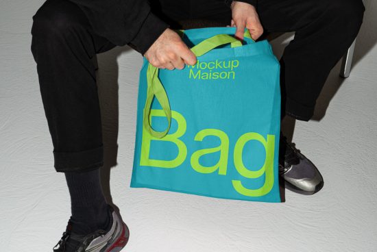 Person holding a vibrant blue tote bag with bold typography mockup design, ideal for showcase product branding, for use in graphics assets.