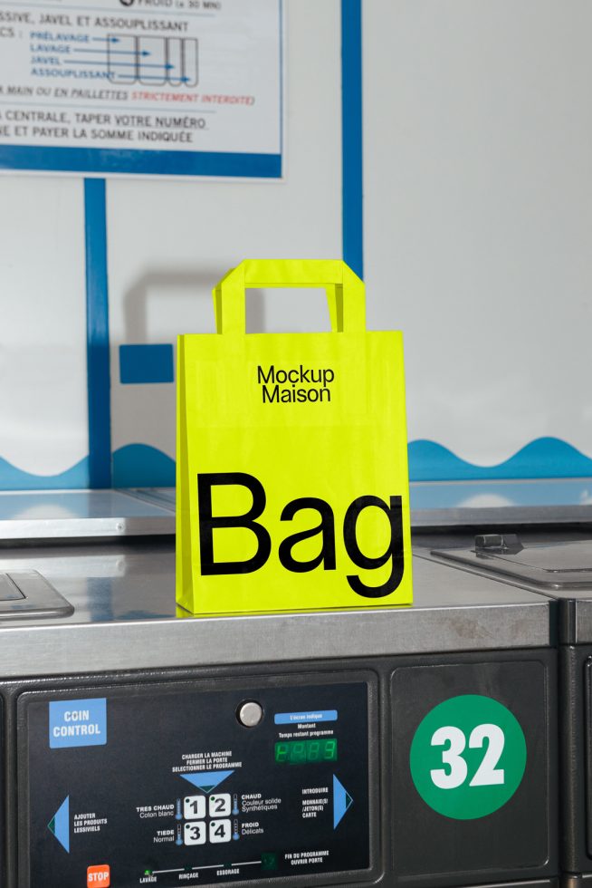 Bright yellow shopping bag mockup on laundromat machine for designers, realistic packaging mockup for branding presentations.