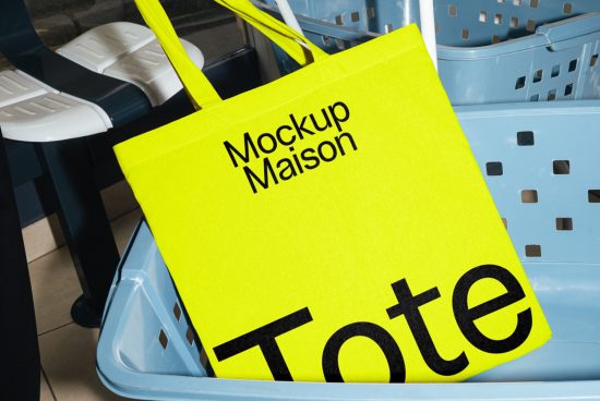 Bright yellow tote bag mockup on blue shopping basket, suitable for design presentations and product display.
