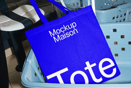 Blue tote bag mockup on chair for designers, displaying Mockup Maison text, ideal for graphics and print design presentations.