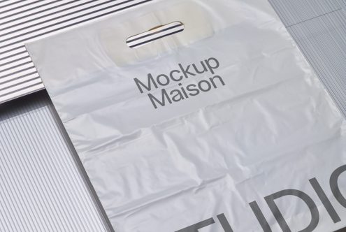 Plastic bag mockup with sleek design on striped background, ideal for presentations and packaging design, in a clean, modern style for graphic assets.