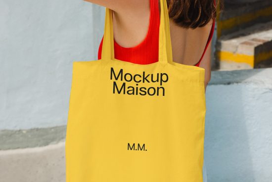 Woman holding a yellow tote bag mockup with bold black text, perfect for graphic design showcasing in urban setting.