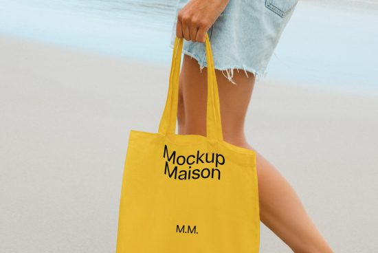 Person holding a yellow tote bag with Mockup Maison text, ideal for designers looking for beach-themed mockup graphics for branding.