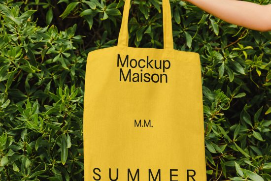 Yellow tote bag mockup with text design held against green leaves, ideal for branding presentation, eco-friendly bag designs.