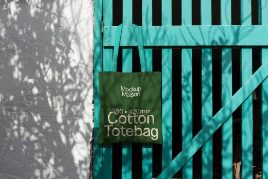 Green cotton tote bag mockup hanging on turquoise gate with shadow pattern, ideal for presenting eco-friendly bag designs.