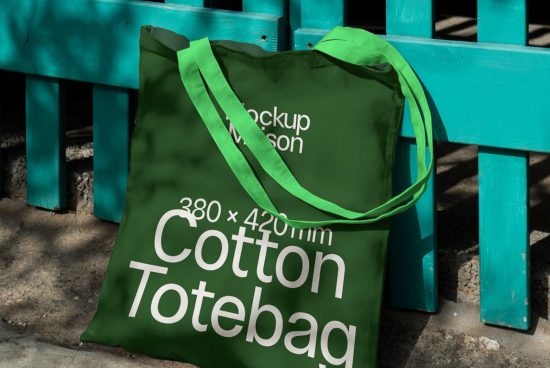 Green cotton tote bag mockup with white typography leaning against a blue bench, showcasing design display capabilities for designers.