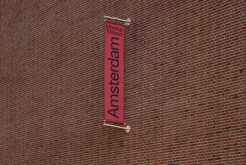 Banner mockup on brick wall displaying text, suitable for design presentations, hanging sign, urban graphics, and font showcase.