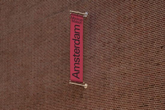 Banner mockup on brick wall displaying text, suitable for design presentations, hanging sign, urban graphics, and font showcase.