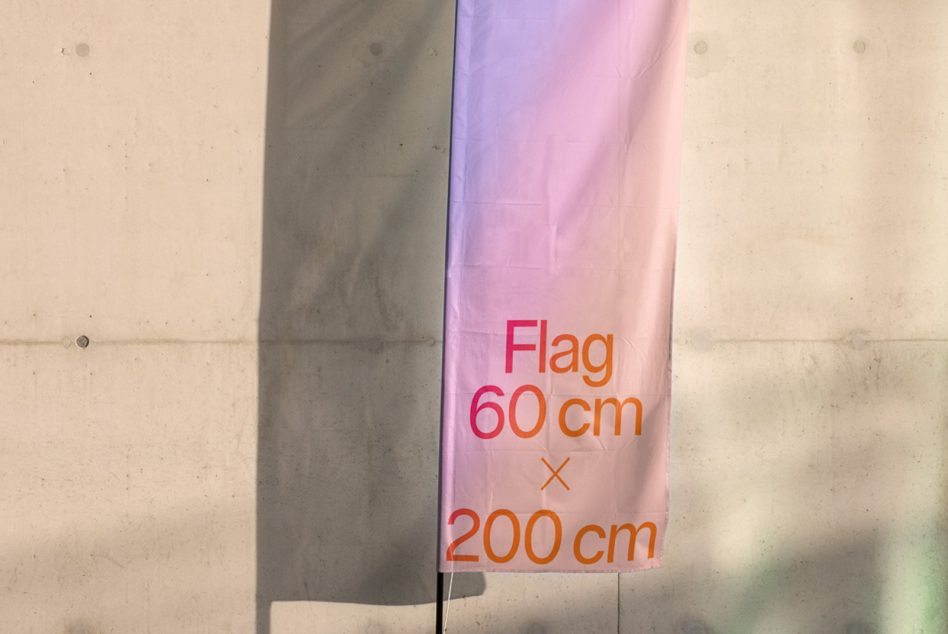 Pink gradient fabric flag mockup with red text showing 60cm x 200cm dimensions