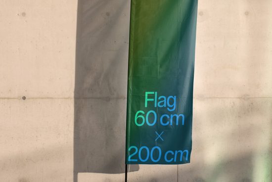 Vertical hanging flag mockup against a concrete wall displaying dimensions 60cm x 200cm, offering a realistic template for graphic design.